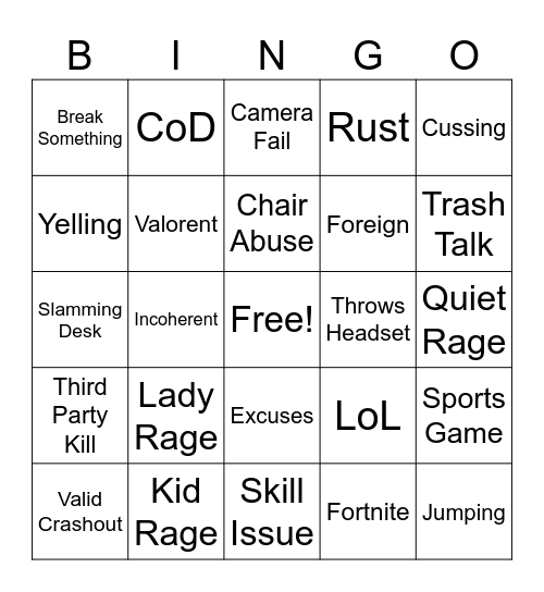 Gamer Rage Bingo Card