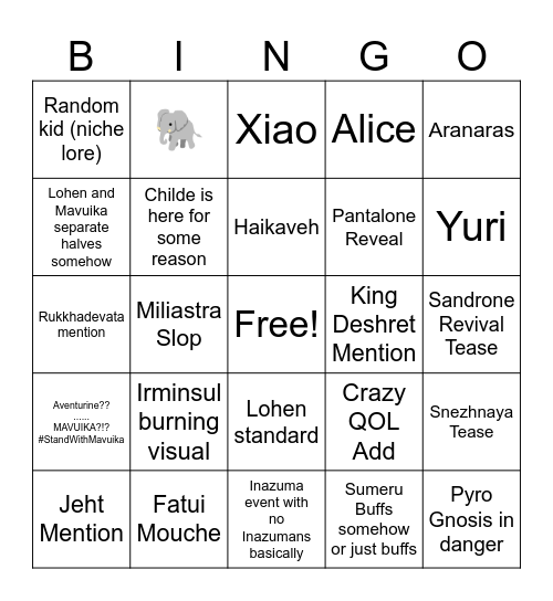 Genshin 6.6 Stream BINGO Card