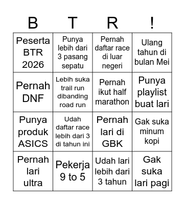 Road to BTR Ultra Bingo Card