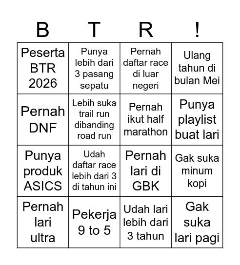 Road to BTR Ultra Bingo Card