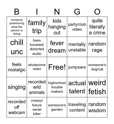 Youtube video graveyard Bingo Card