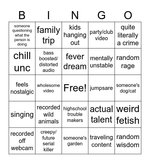 Youtube video graveyard Bingo Card