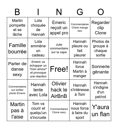 Tours Bingo Card