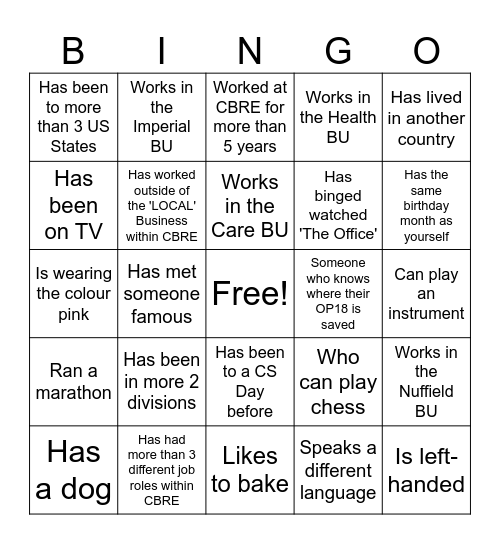 CBRE STARTER BINGO Card