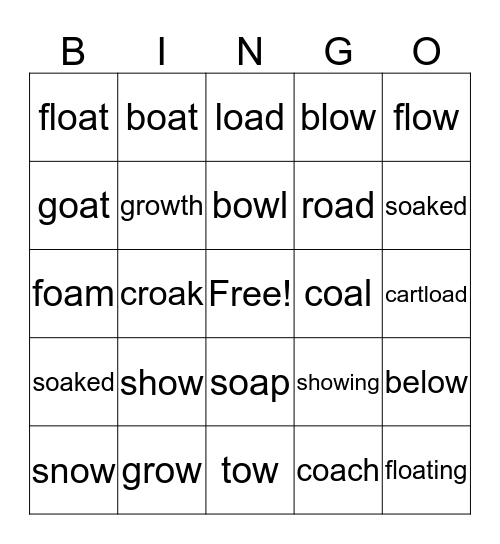 Phonics pattern oa, ow (long O) Bingo Card