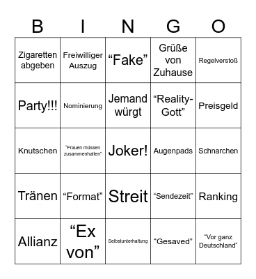 Reality TV Bingo Card