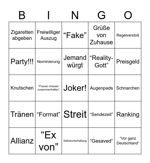 Reality TV Bingo Card