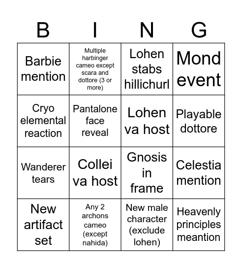 Genshin Luna 6.6 Livestream! Bingo Card