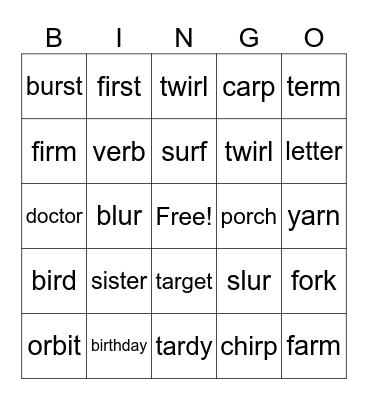 r controlled vowel bingo Card