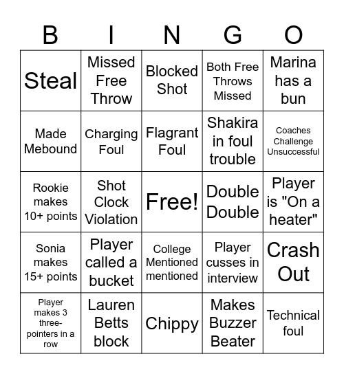 Mystics vs Tempo Bingo Card