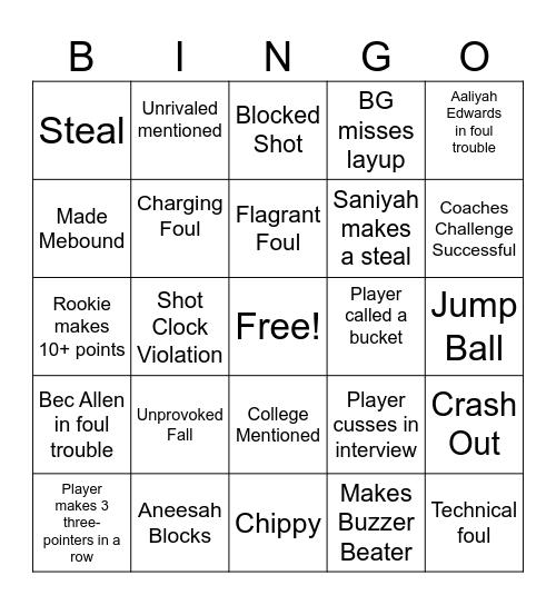 Sun vs Liberty Bingo Card