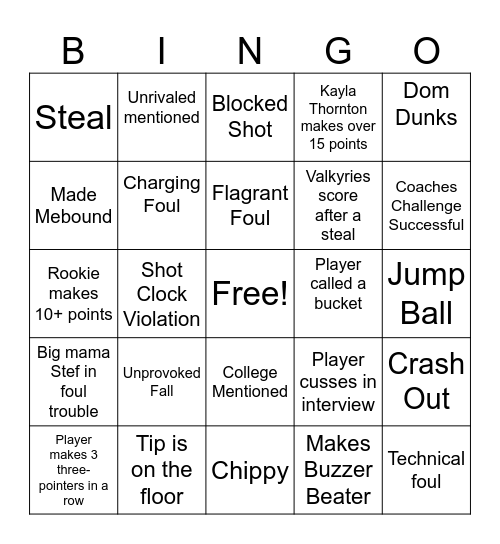Valkyries vs Storm Bingo Card