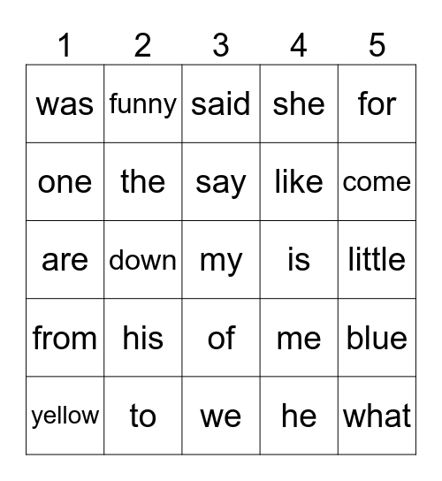 High Frequency Words Bingo Card
