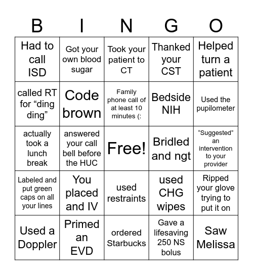 NSICU Bingo Card