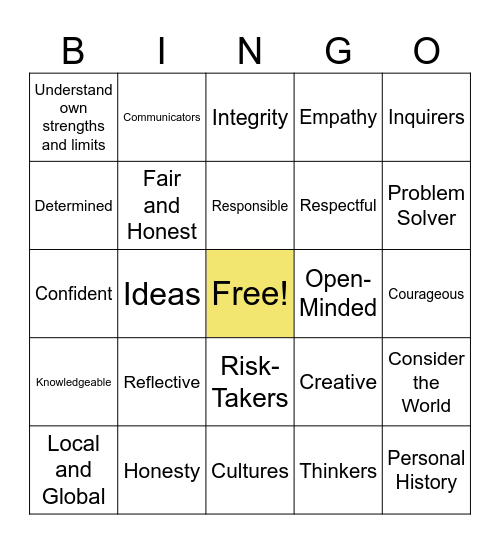 IB Learner Profiles Bingo Card