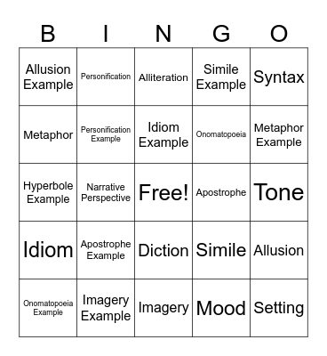 Figurative Language (and bonus terms) Bingo Card