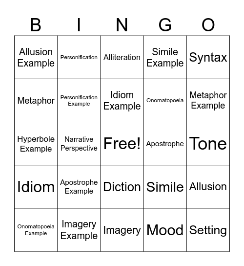 Figurative Language (and bonus terms) Bingo Card