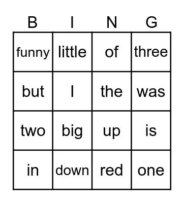 Sight Word Bingo Card