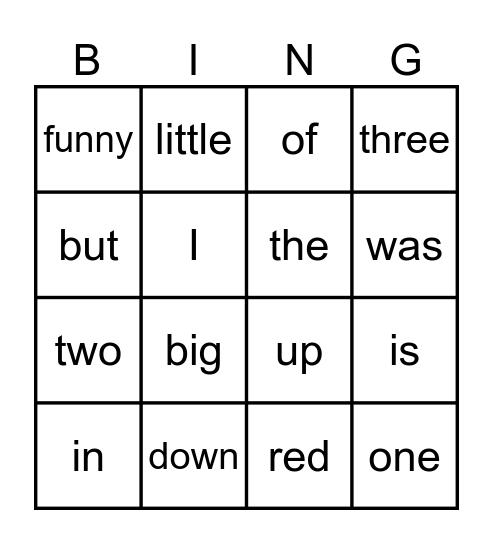 Sight Word Bingo Card