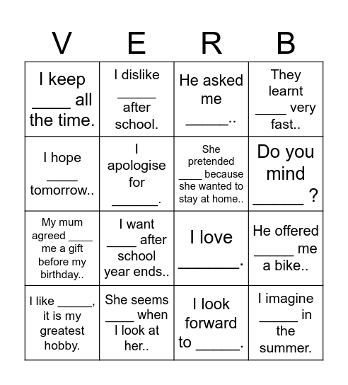 Verb patterns bingo Card