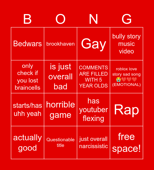 Roblox Song BONG Bingo Card