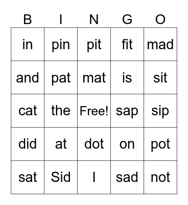 SATPIN Bingo Card