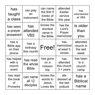 Church Family Bingo Card