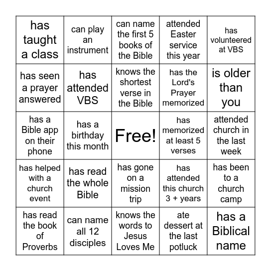 Church Family Bingo Card