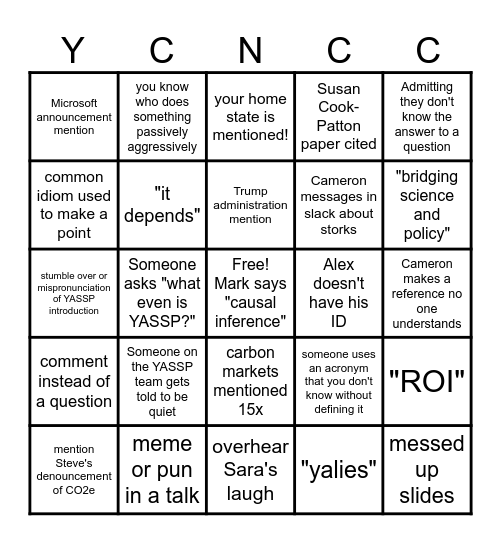 YCNCC Symposium Bingo Card