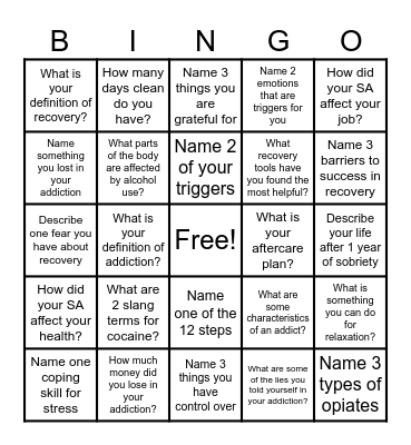 Recovery Bingo! Bingo Card