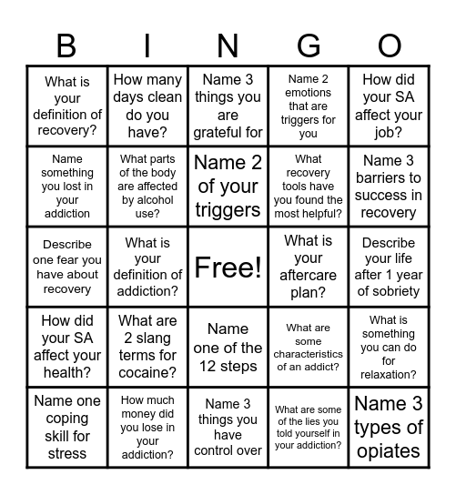 Recovery Bingo! Bingo Card