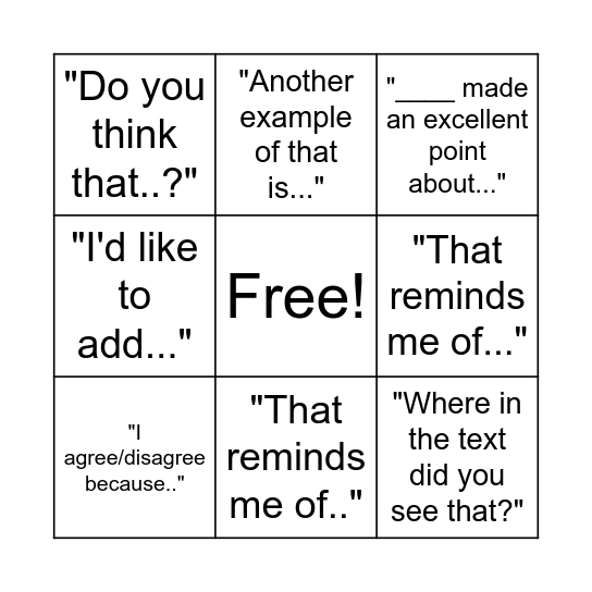 Socratic Seminar Bingo Card