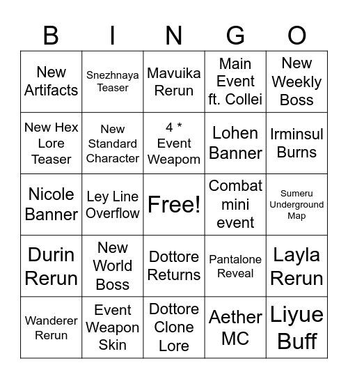 Genshin VII Version Livestream Bingo Card