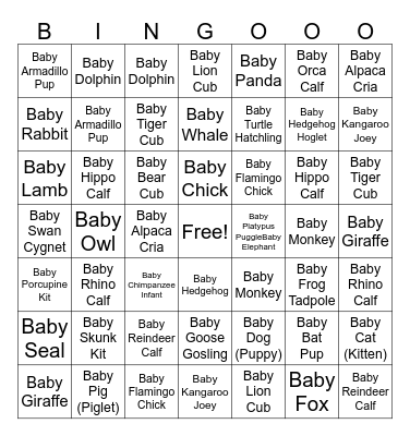 Baby Animals Bingo Card