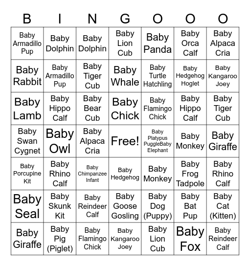 Baby Animals Bingo Card