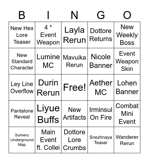 Genshin Luna VII Version Livestream Bingo Card