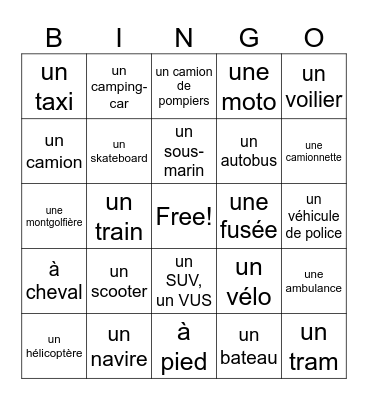 Transportation Bingo Card