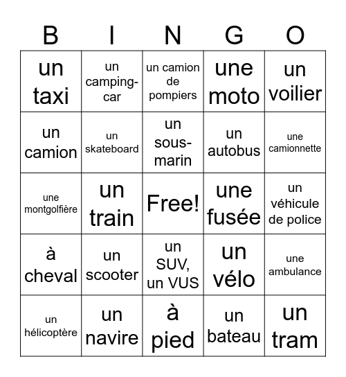 Transportation Bingo Card