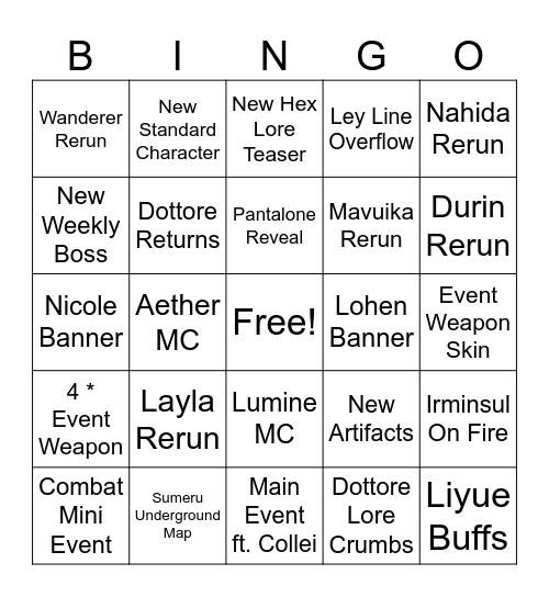 Genshin Luna VII Version Livestream Bingo Card