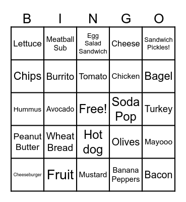 Sandwich Social Bingo Card