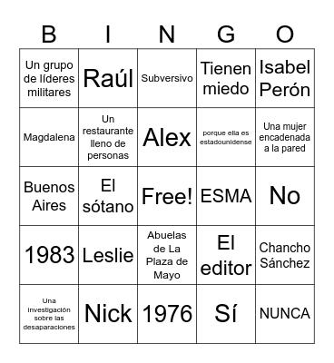 La Guerra Sucia Bingo Card
