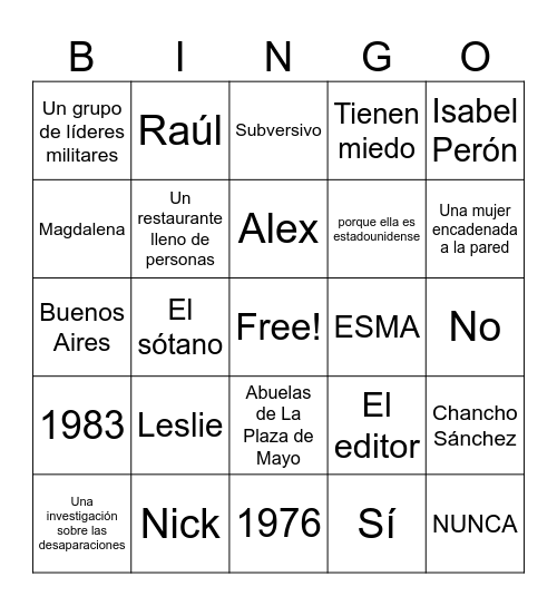 La Guerra Sucia Bingo Card