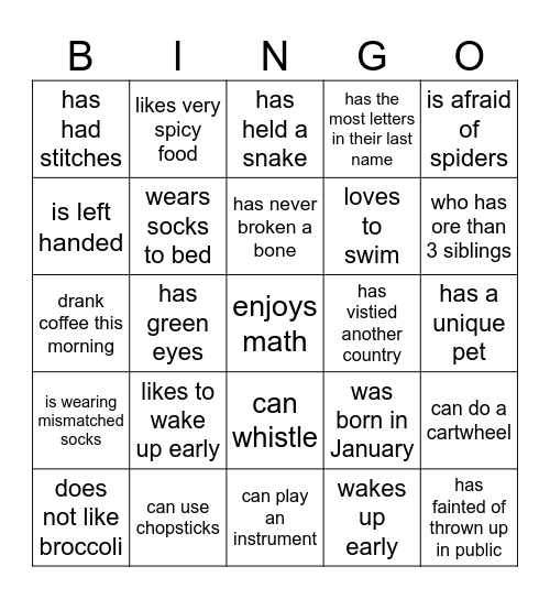Getting to Know You Bingo Card