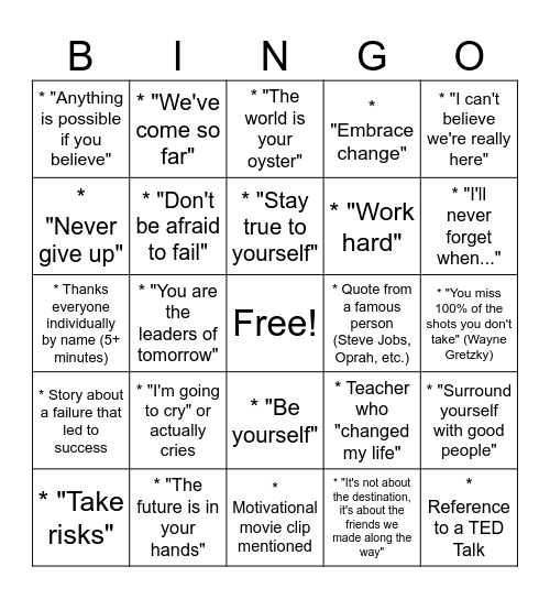 Graduation Bingo Card