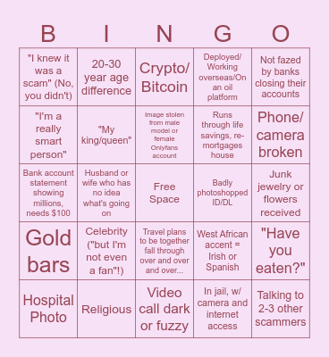 Romance Scam Bingo Card