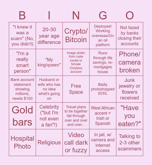 Romance Scam Bingo Card