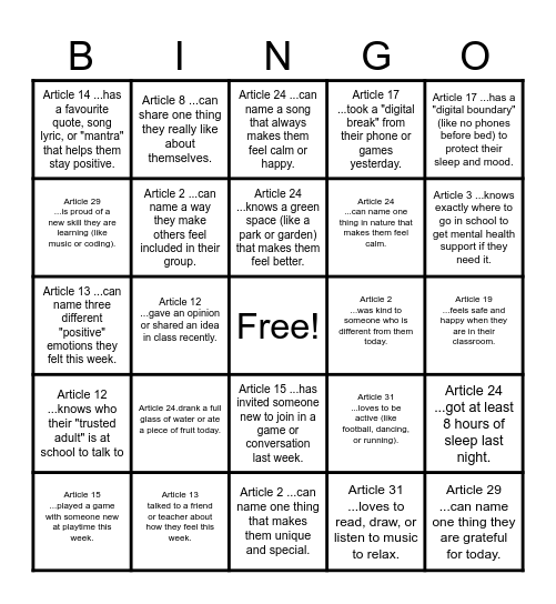 Mental Health Bingo Card