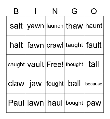 1st grade a, au, aw, al, augh, ough Bingo Card