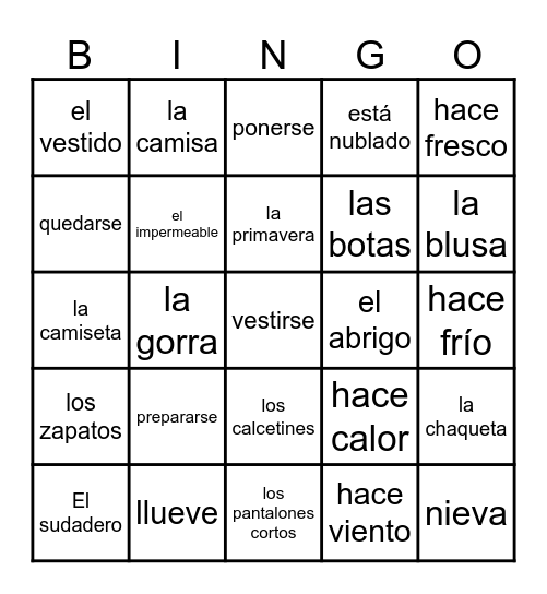 La Ropa y La Moda Bingo Card