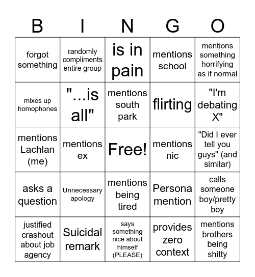 Elliot Bingo Card